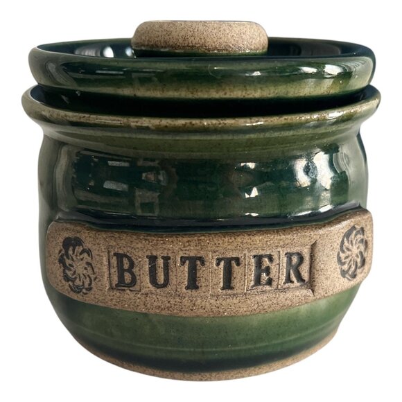 Signed Studio Pottery Butter Keeper Crock – Green Glazed Stoneware - Picture 1 of 6